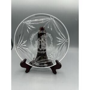 Vintage Etched Crystal Plate Christmas Carolers Clear Cut Glass 9.5”